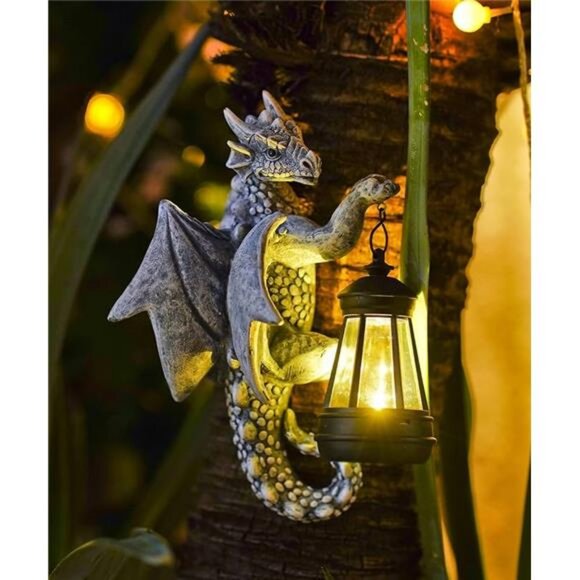 Dragon Tree Hugger with Solar Lantern - 9.3 Inch Resin...